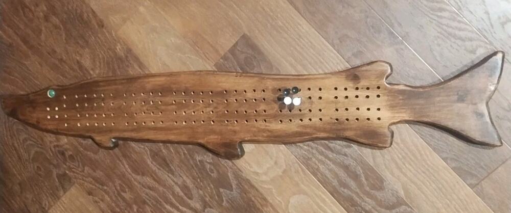 Large holes & Pegs Fish Solid Wood Cribbage Board 33" Brown Handmade cabin